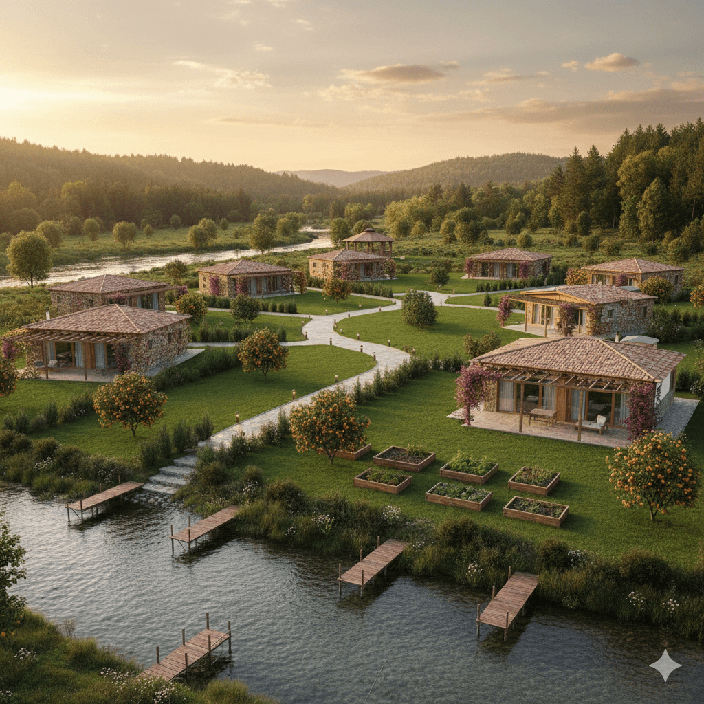 Bioclimatic stone villa exterior with private garden