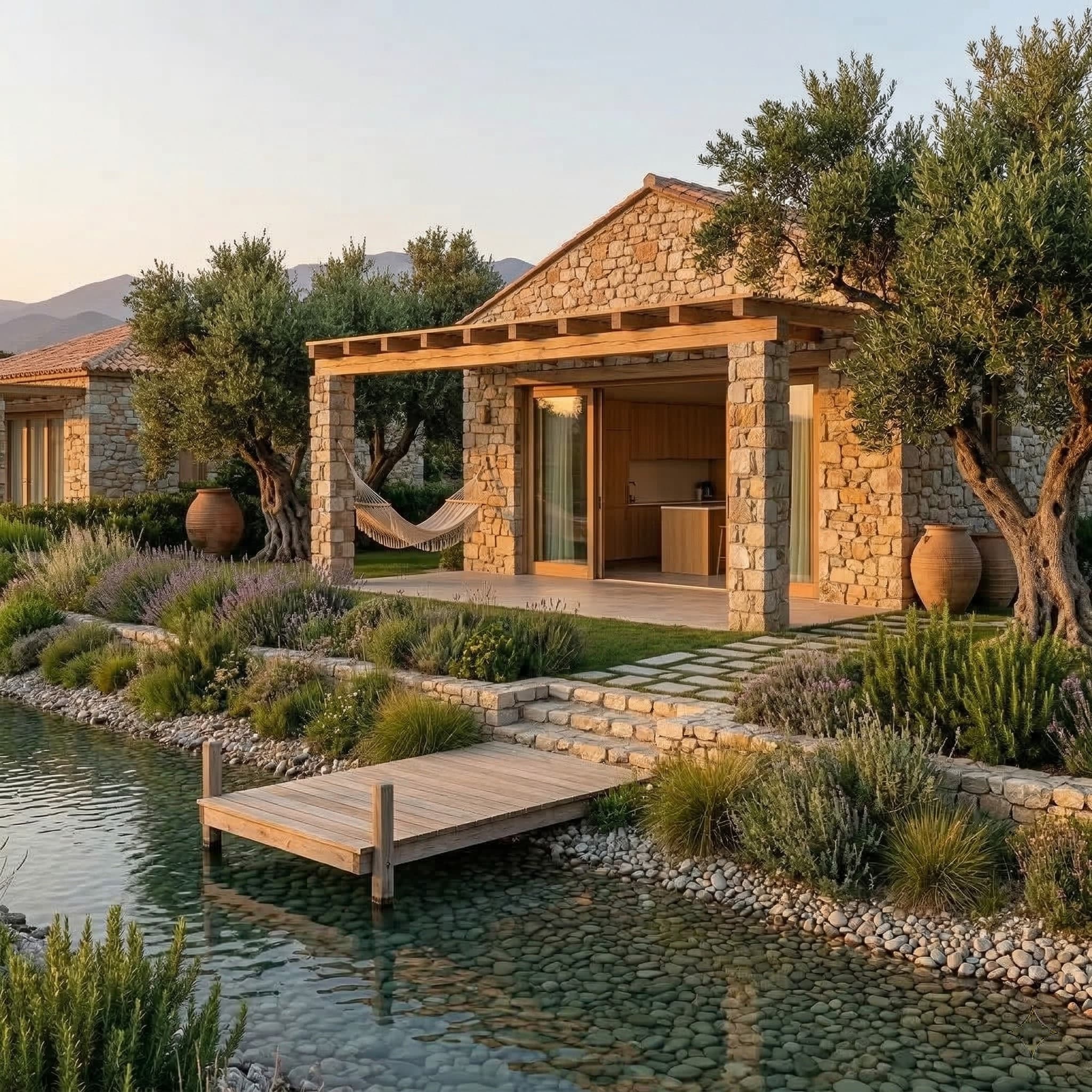 Local Epirus limestone and stone detailing used in villa construction